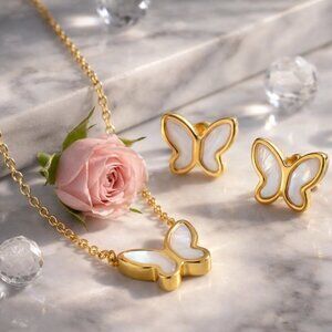 18K Gold Plated Mother Of Pearl Butterfly Necklace And Stud Earrings Set Spring